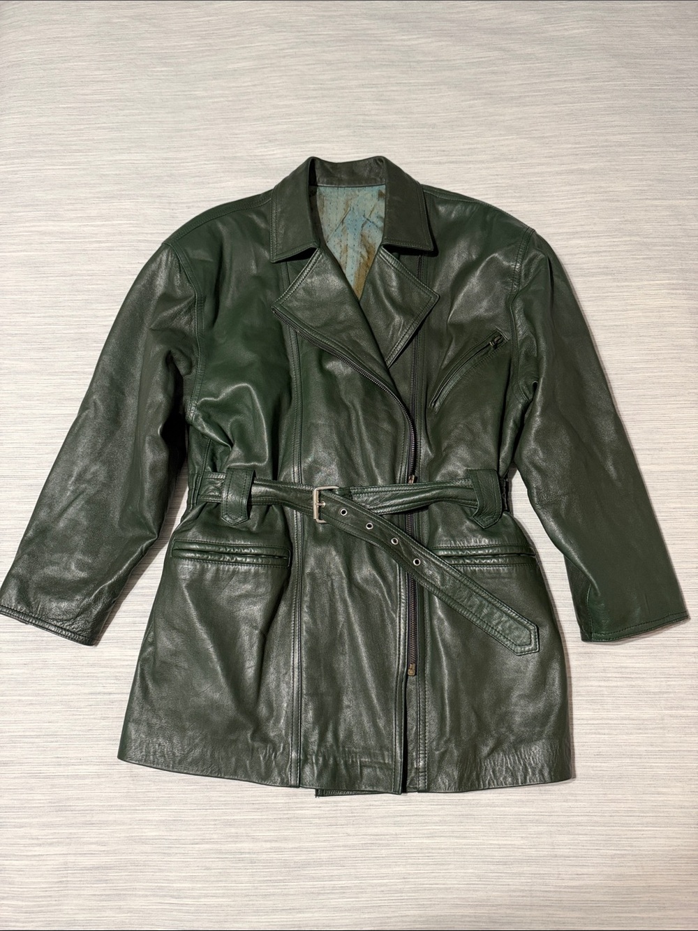 VTG 80s 90s Forest Green Genuine Leather Boxy Jacket Belted Moto Trench Coat L